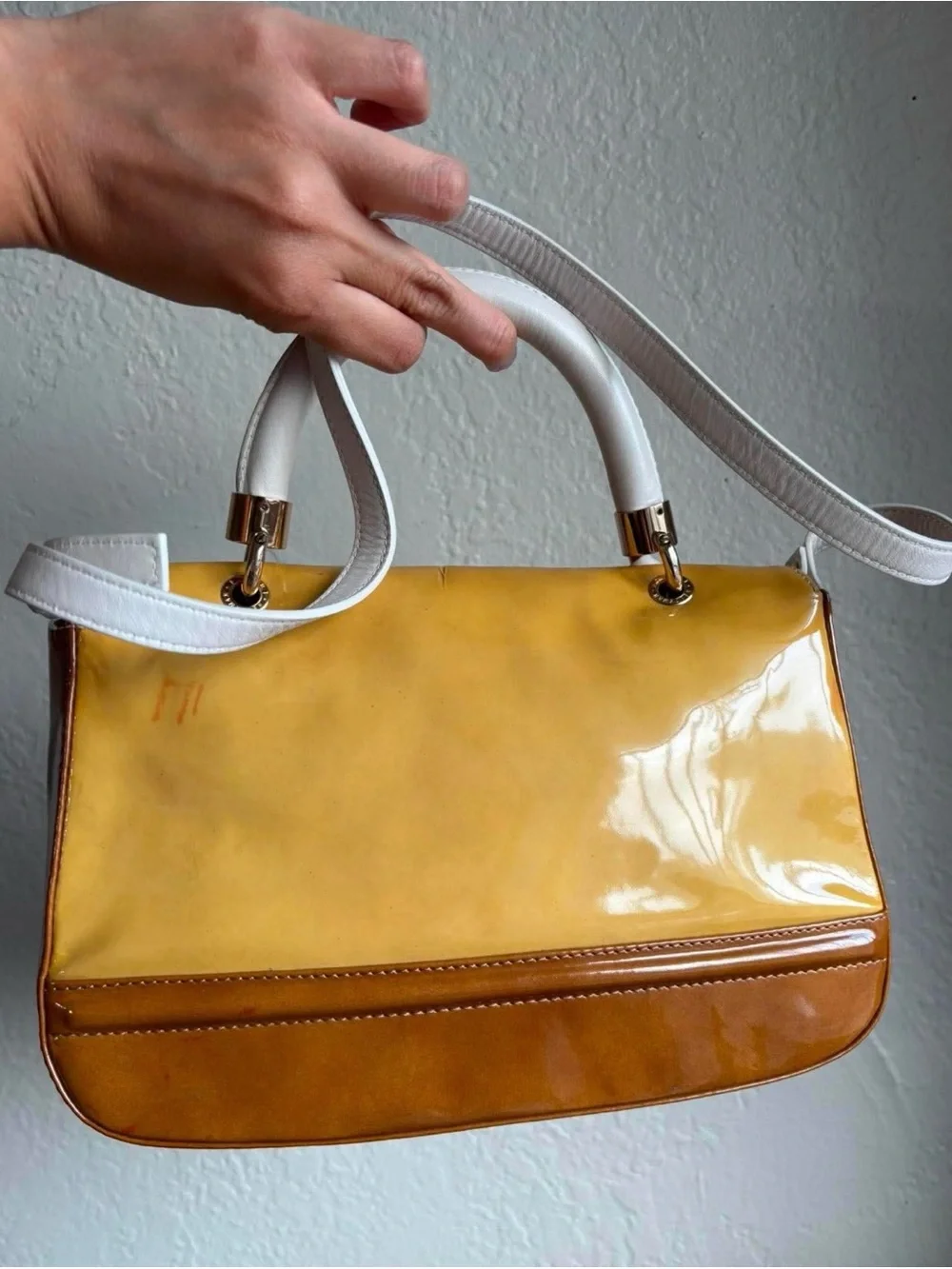 Y2K Stuart Weitzman Yellow, White & Brown Colorblock Leather Top-Handle Satchel